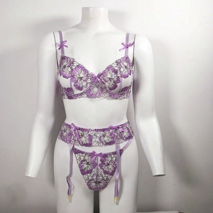 2023 Lingerie Fashion Trends | Lilac Lavender See-Through Lingerie Outfit 3-piece Set