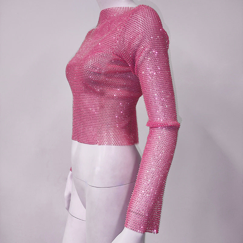 2024 Fashion Trends | Long Sleeve Rhinestone Metallic Crop Top Skirt Outfit 2-piece Set