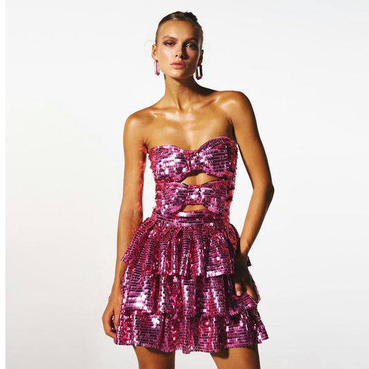 2024 Fashion Trends | Metallic Hot Pink Bows Sequin Cut Out Ruffles Mini Prom Dress