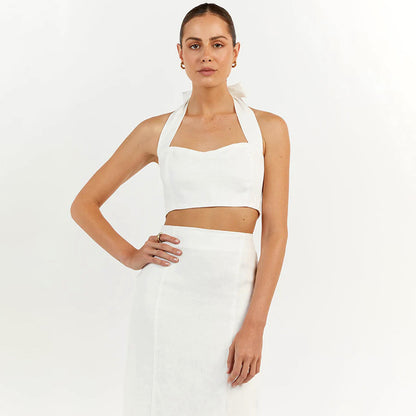 Capsule Wardrobe 2023 | Elegant Linen Halter Crop Top Vest High Waist Maxi Skirt Outfit 2-piece Set