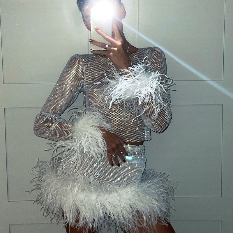 2023 fashion trends, glitter outfit, crop top skirt outfit with feather and rhinestone glitter , shimmery dress, tgc fashion