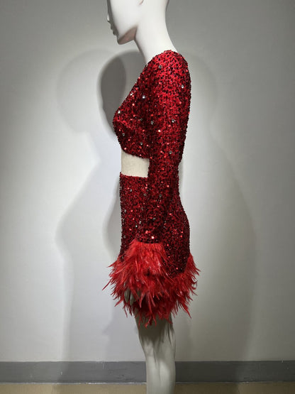 Christmas Outfits | Red Sequin Feathers Crop Top Skirt Outfit 2-piece Set