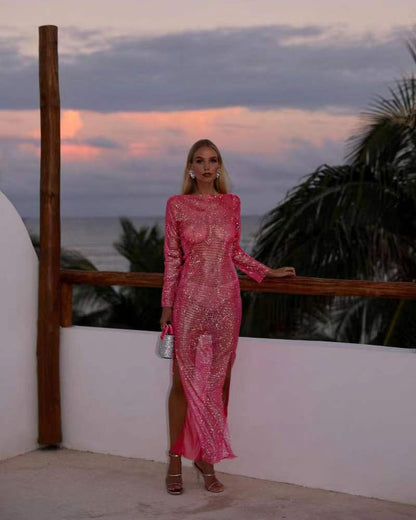 Summer Outfits | Long Sleeve Slit Maxi Glitter Dress