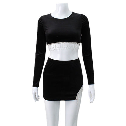 2023 Fashion Trends | Crystal Tassel Backless Crop Top Velvet Skirt Outfit 2-piece Set