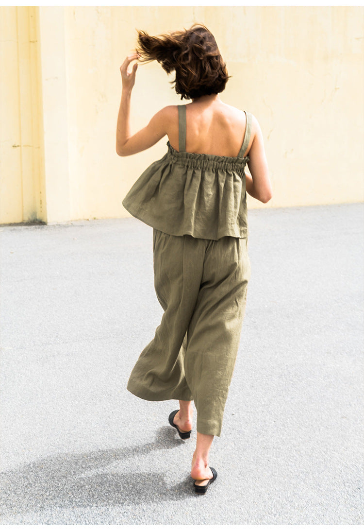 Summer Vacation Outfits |   Cotton Pleated Vest Wide Leg Pants Outfit 2-piece Set