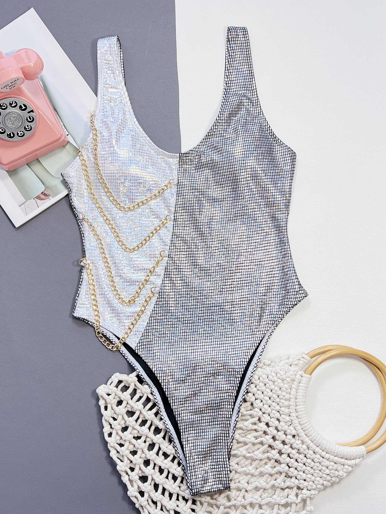 Summer Swimsuits | Mermaid Silver Glitter Contrast One Piece Bathing Suit