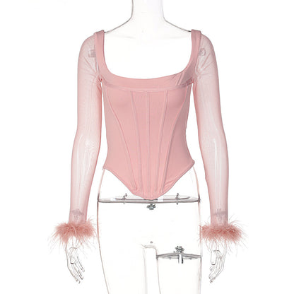 Coquette Corset Outfits | Black Aesthetic & Pink Aesthetic Corset Top See Through Feather Sleeves