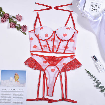 Valentines Lingerie Outfit | Red Hearts Corset Lingerie Outfit 3-piece Set