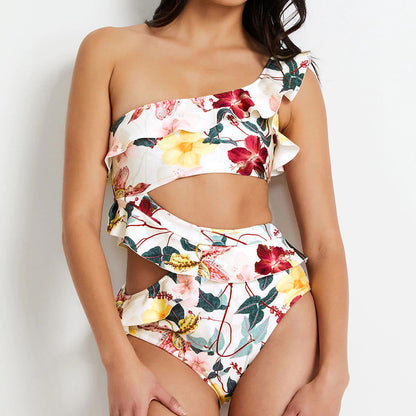 Spring Outfits 2023 | White Floral Ruffles One Shoulder Cut Out One-Piece Swimsuit.