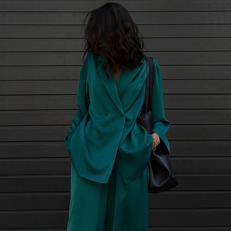 Silk Outfits | Emerald Green Aesthetic Silk Blazer Outfit 2-piece Set M / Black Silk Outfits | Emerald Green Aesthetic Silk Blazer Outfit 2-piece Set M / Black