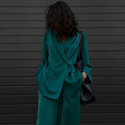 Silk Outfits | Emerald Green Aesthetic Silk Blazer Outfit 2-piece Set