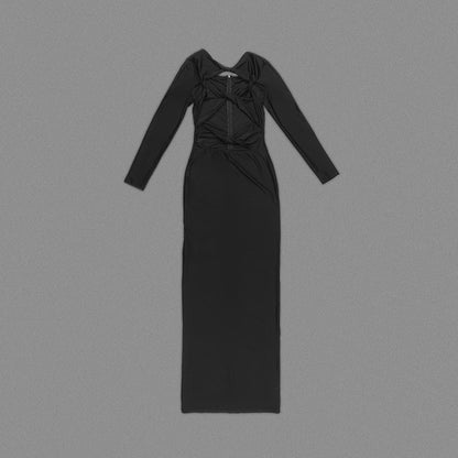 Black Twisted Long Sleeve Hollow Out Cutout Dress Nylon Stretch Dress Women Clothing Winter
