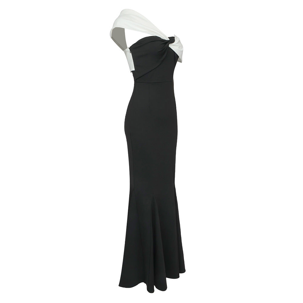 2023 Fashion Trends | White Twisted Shoulder Mermaid Black Dress