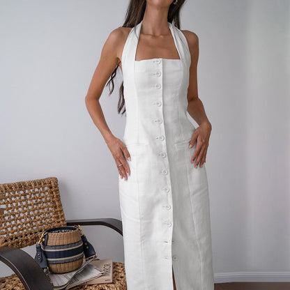 Capsule Wardrobe 2023 | Elegant White Cotton Halter Backless Summer Dress