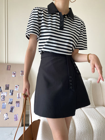 2023 Fashion Trends | Cotton Black and White Striped Polo Casual Outfit