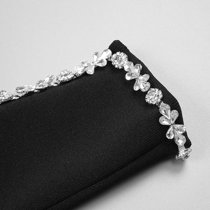 Mini Black Dress |  3D Black See Through Rhinestone Diamonds Split Tube Top Dres