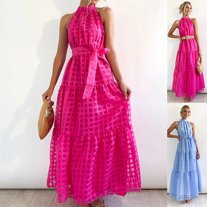 2023 Fashion Trends | Hot Pink Halter Retro Maxi Summer Dress