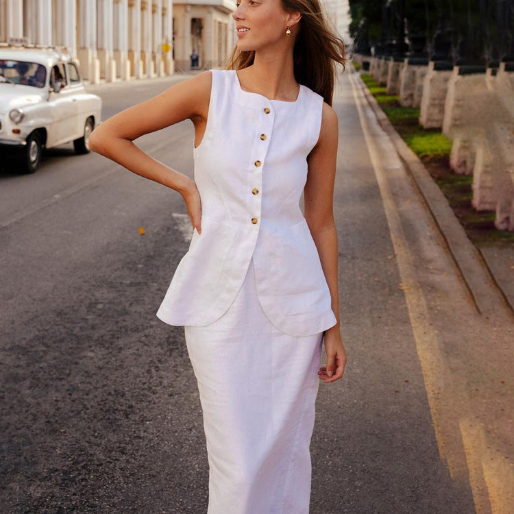 Minimalist Outfits | Classic Old Money Aesthetic White Square Collar Sleeveless Vest High Waist Skirt 2-piece Outfit