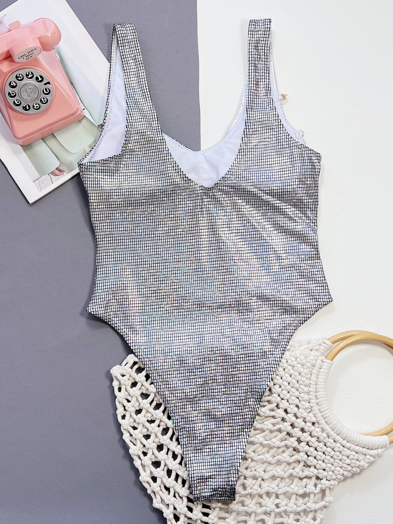 Summer Swimsuits | Mermaid Silver Glitter Contrast One Piece Bathing Suit