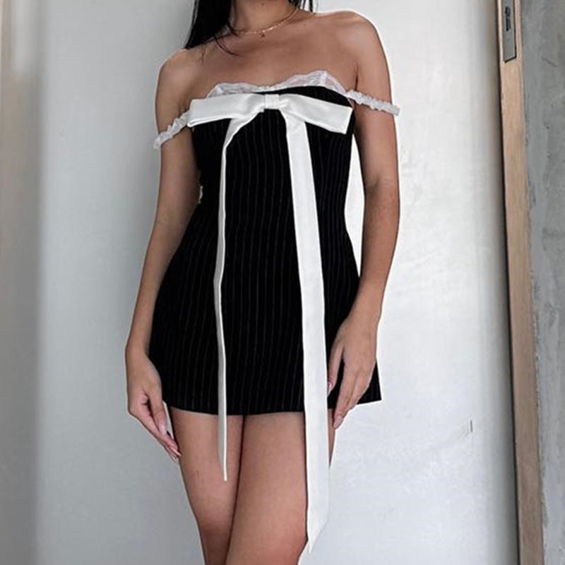 Little Black Dresses | Vertical Stripes White Bow Little Black