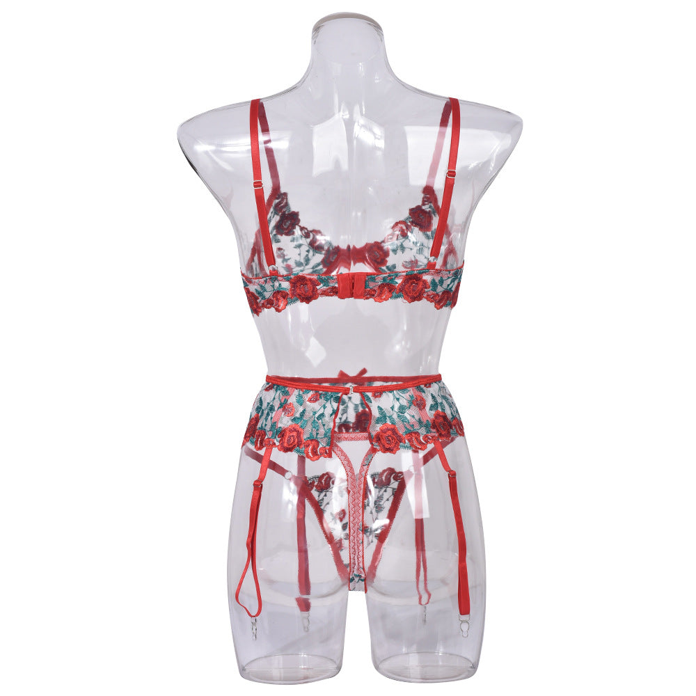 Valentines Lingerie Outfits | Exquisite Rose Embroidery Lingerie Outfit 3-piece Set