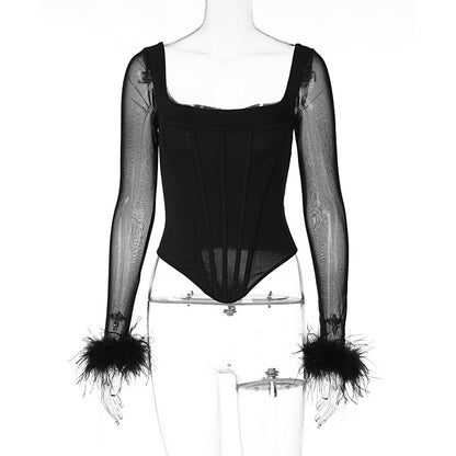 Coquette Corset Outfits | Black Aesthetic & Pink Aesthetic Corset Top See Through Feather Sleeves