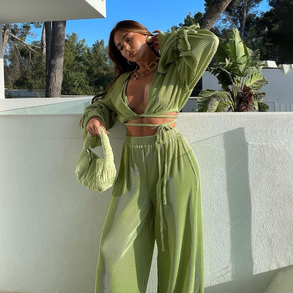 Spring Outfits 2022 | Green Aesthetic Vintage Pleated Crop Top Wide Leg Pants Outfit 2-piece Set