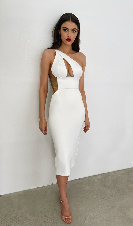 White Dress Aesthetic | One Shoulder Gold and White Bachelorette Dress