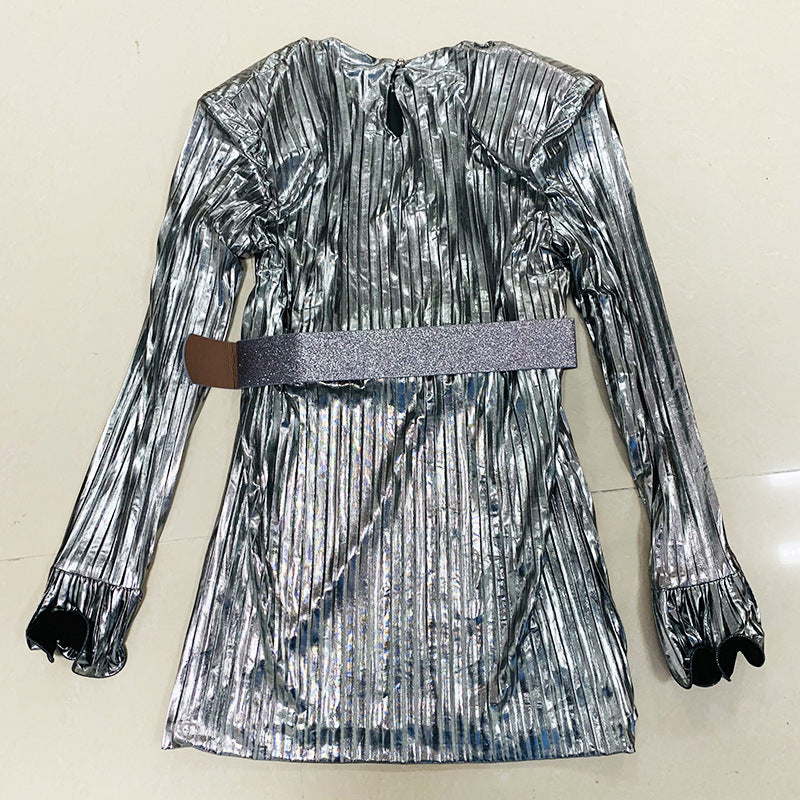 NYE Outfits 2024 | Silver Chrome and Gold Long Sleeve Pleated Mini Dress with Belt