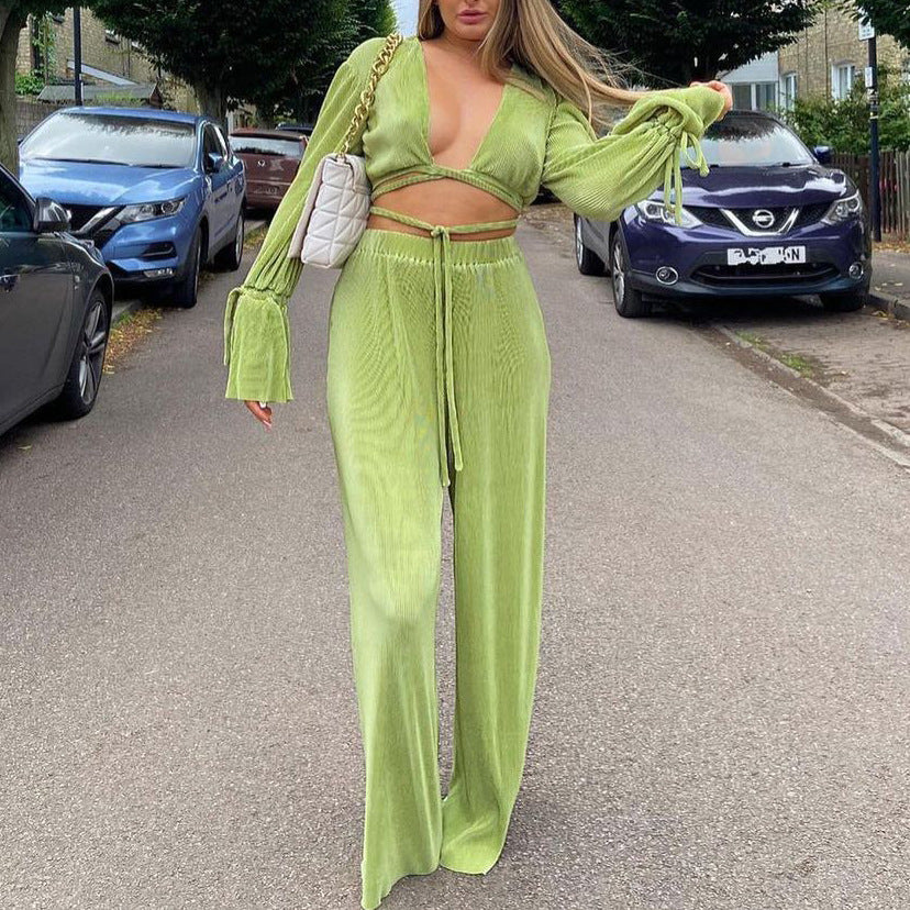 Spring Outfits 2022 | Green Aesthetic Vintage Pleated Crop Top Wide Leg Pants Outfit 2-piece Set