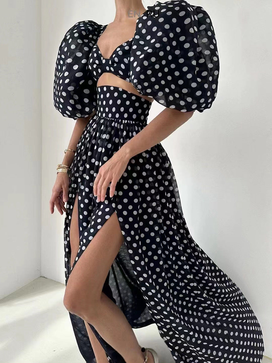 Fashion Trends 2023 | Polkadot Puff Sleeve Crop Top Skirt Outfit 2 piece Set