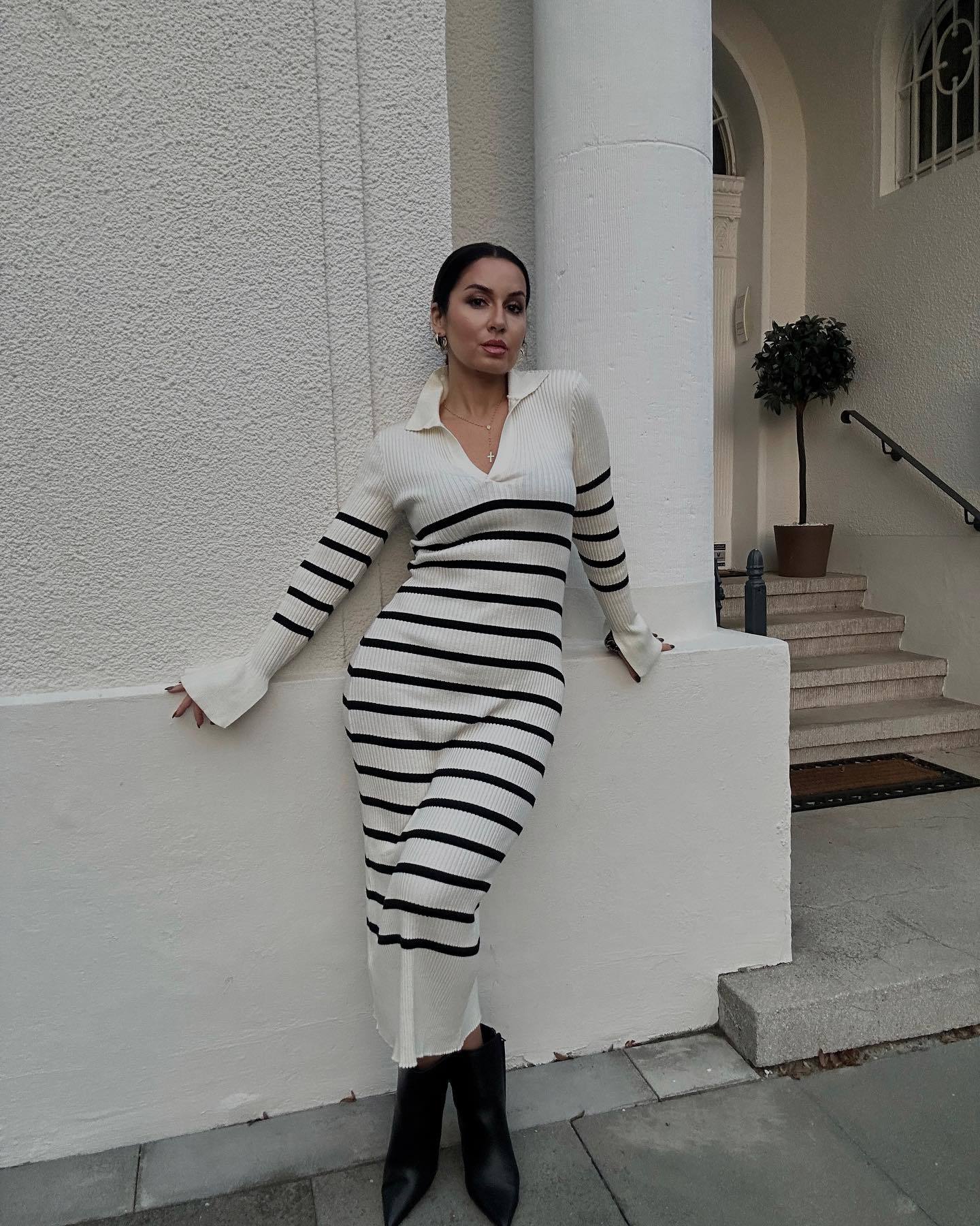 Cute Winter Outfits | Long Sleeve Knitted Cotton Sweater Dress L / Stripe Cute Winter Outfits | Long Sleeve Knitted Cotton Sweater Dress L / Stripe