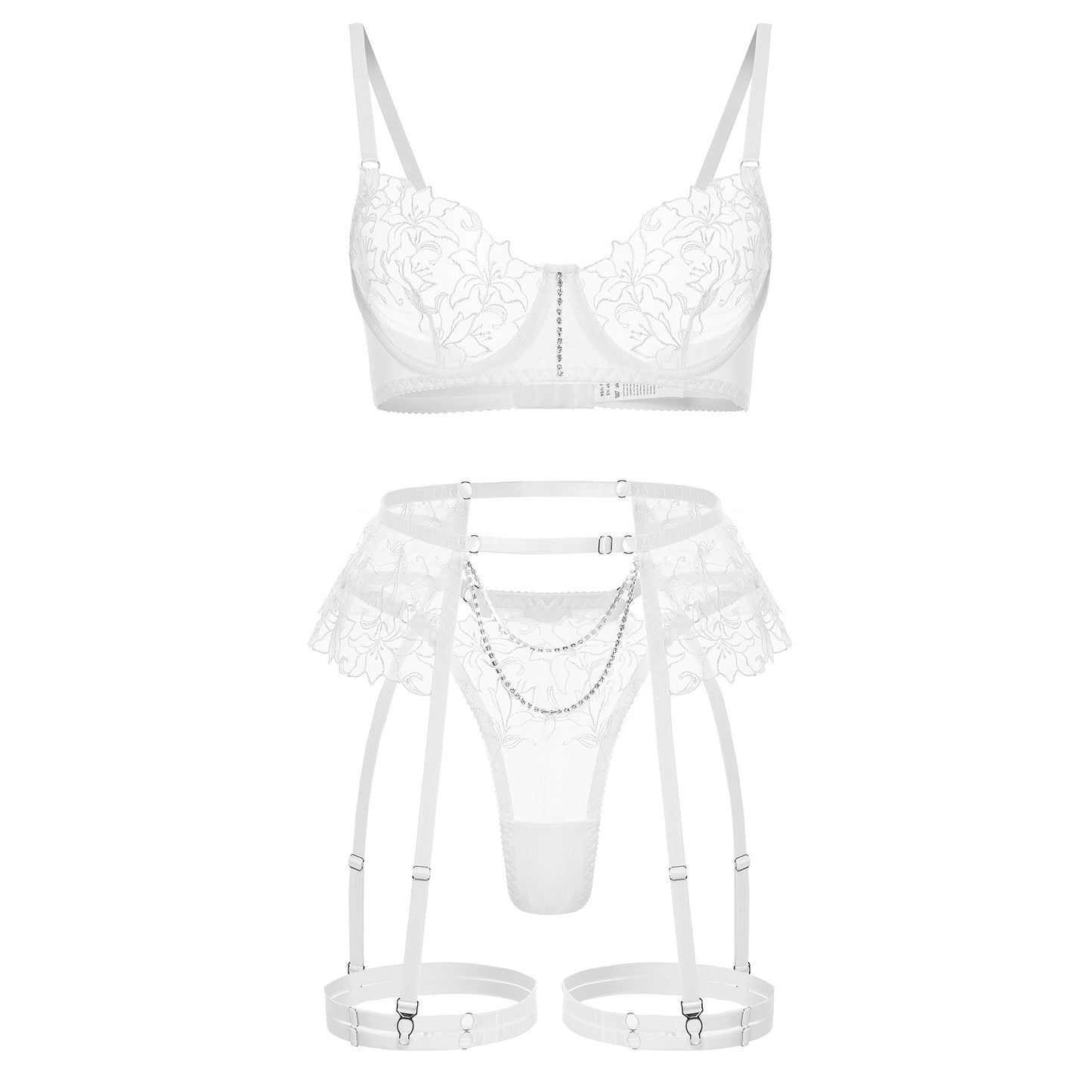 Bridal Lingerie Outfit | Wedding Night Rhinestone Chain Floral Lace Lingerie Outfit 5-piece Set