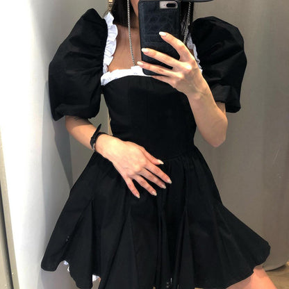Fashion Outfits 2023 | Black White Contrast Square Collar Puff Sleeve Cut Out Backless Bow Mini Dress