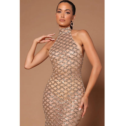 Summer Outfits | Studio 54 Gold Halter Rhinestone Dress