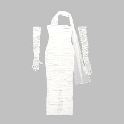 Elegant Summer Dresses | Summer White Opera Gloves Pleated Tube Top Halter Scarf Dress
