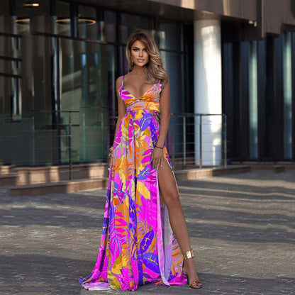 Vacation Outfits | Neon Aesthetic Tropical Leaves Maxi Dress