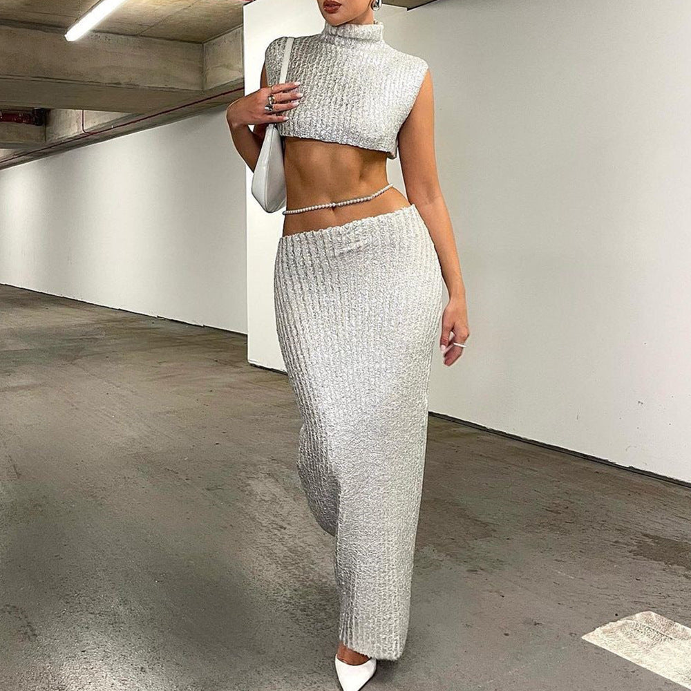 Y2K Fall Outfits | Metallic Silver Crop Top Skirt Outfit  2-piece Set