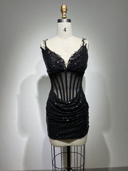 Little Black Dresses | Black Rhinestones See Through Glitter Corset Mini Dress