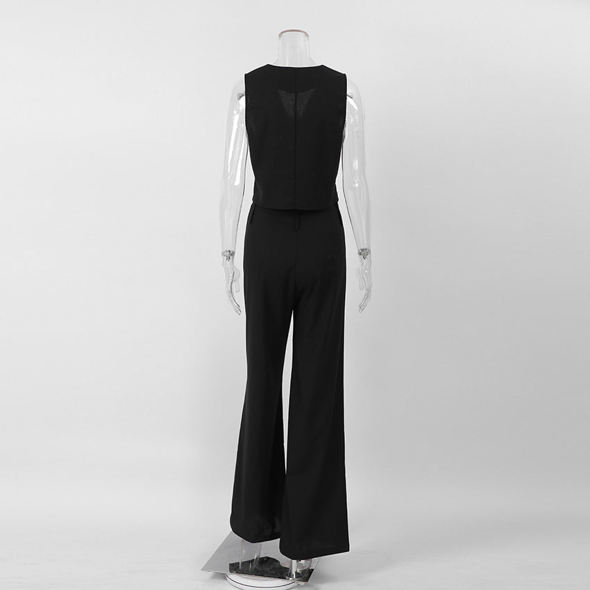 Capsule Wardrobe 2023 | Linen Chic Black Vest Wide Leg Pants Outfit 2-piece Set