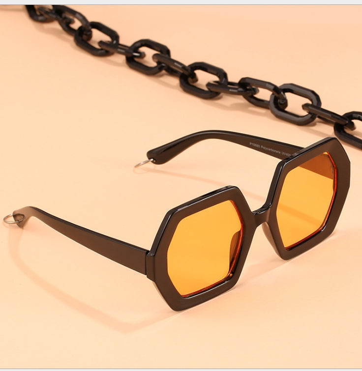 Oversized Beige Polygon Sunglasses With Chain