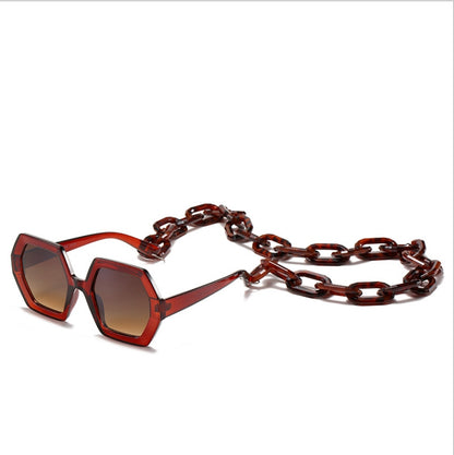 Oversized Beige Polygon Sunglasses With Chain