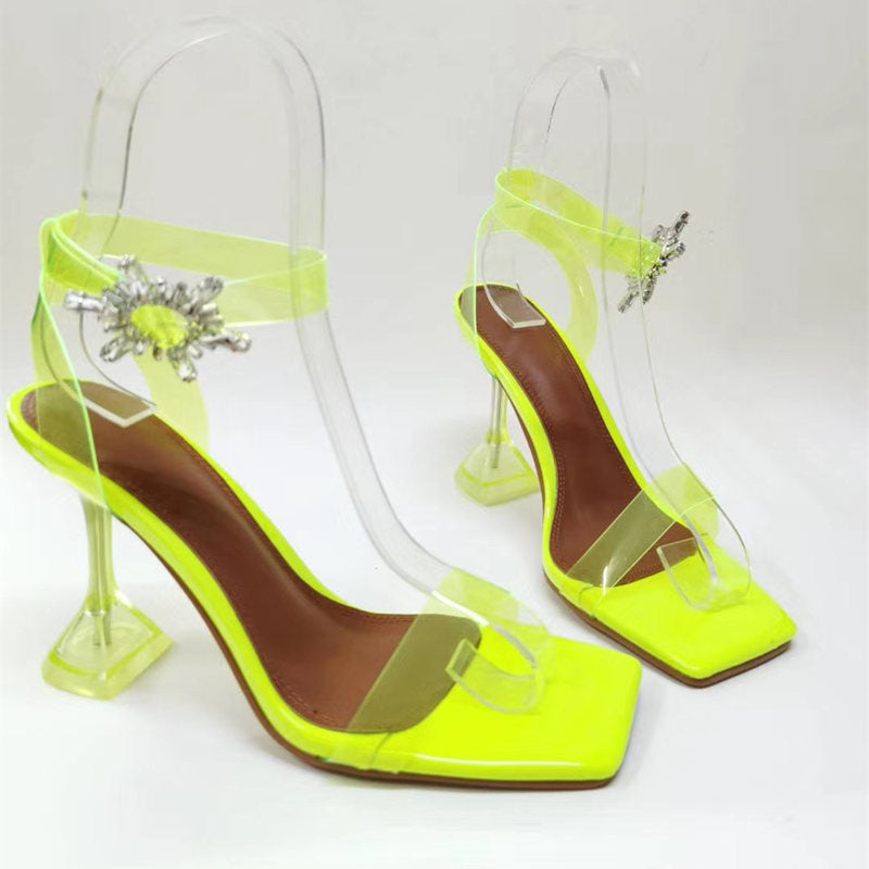 ALMUDENA Women Neon Yellow Patent Leather Cross Strappy Buckle High Heel  Sandals Stiletto Heels Hollow Out Cage Shoes Dress Pump - AliExpress